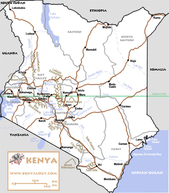 Kenya. Map by Javier Yanes/Kenyalogy.com