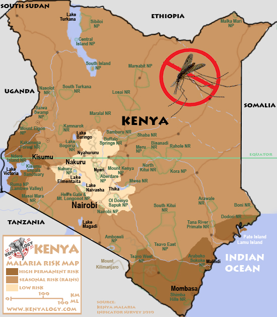 Kenya malaria risk. Map by Javier Yanes/Kenyalogy.com. Source: Kenya Malaria Indicator Survey 2010