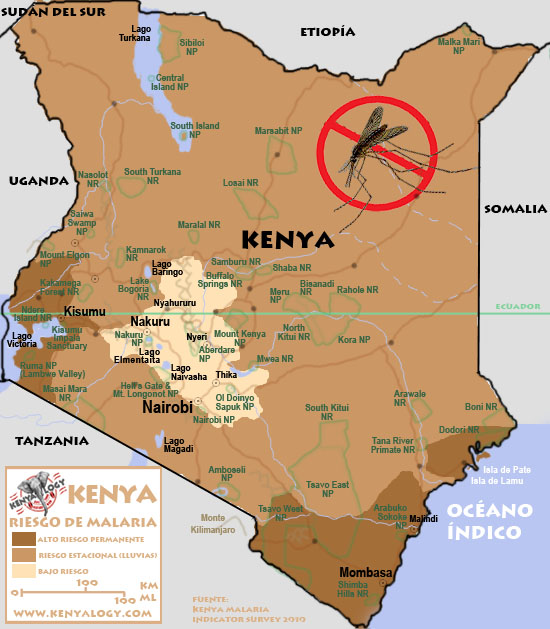 Riesgo de malaria en Kenya. Mapa por Javier Yanes/Kenyalogy.com. Fuente: Kenya Malaria Indicator Survey 2010