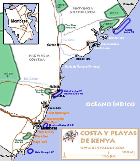 Playas de Kenya. Mapa por Javier Yanes/Kenyalogy.com