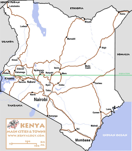 Main cities and towns of Kenya. Map by Javier Yanes/Kenyalogy.com